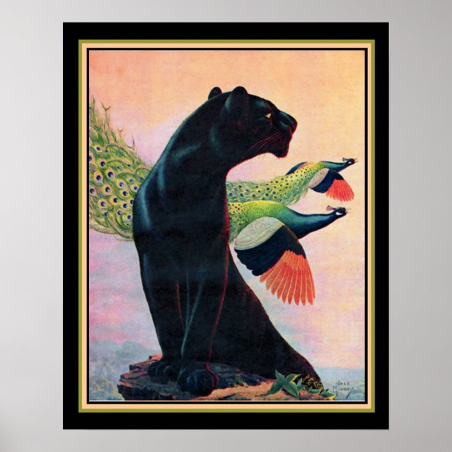 Panther & Flies Peacocks Art Deco Print-16x20 Poster (Framsidan)