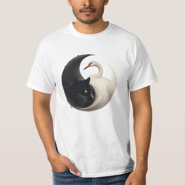 Panther och Crane Yin Yang Bläck Art T Shirt (Framsida)