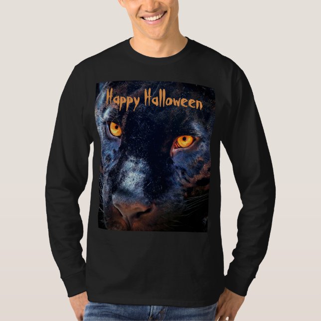 Panther Photo Black Cat Ögon Orange Halloween T Shirt (Framsida)
