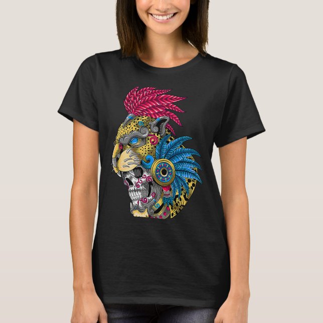 Panther Skull Huichol Mexican Ocelot Quetzal ON BA T Shirt (Framsida)