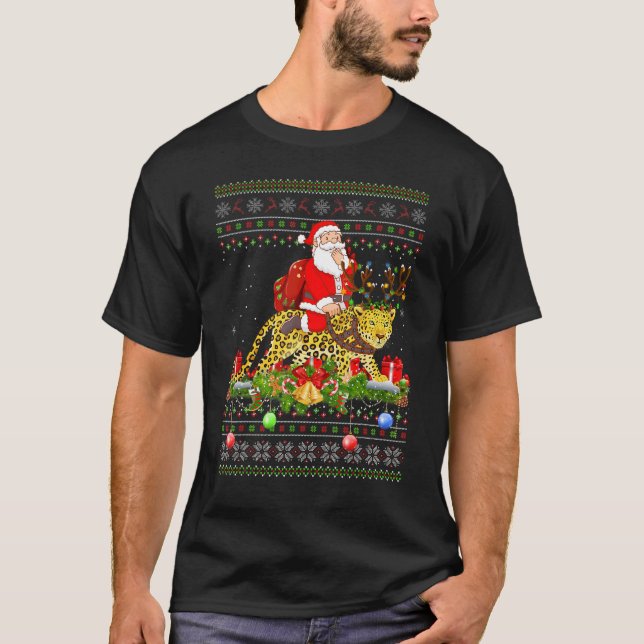 Panther   Ugly Santa Riding Panther Christmas T Shirt (Framsida)