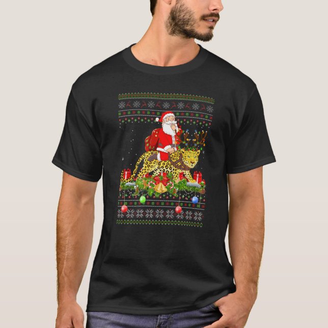 Panther  Ugly Santa Riding Panther Christmas T Shirt (Framsida)