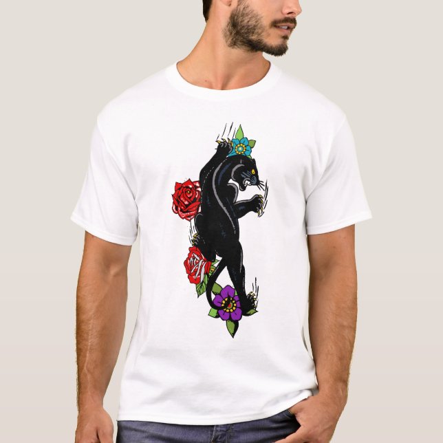 panthere noire tattoo old school fleur rose 61 t shirt (Framsida)