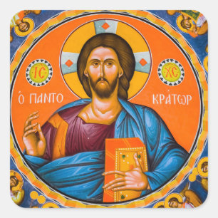 Pantocrator Lord of All Ortoodox Christian Icon Fyrkantigt Klistermärke
