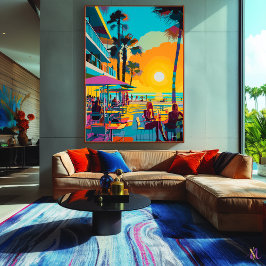 Pap Art Beachfront Café vid Sunset Canvastryck