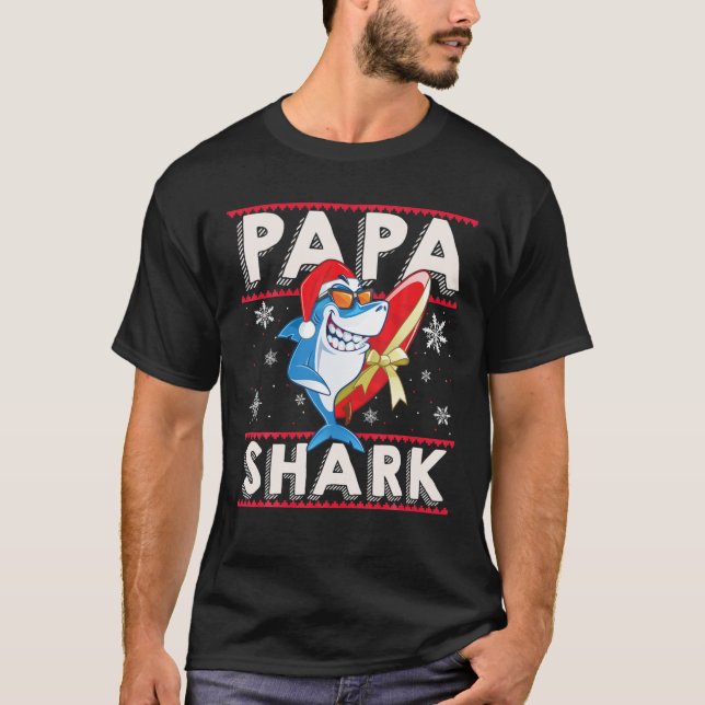 Papa Shark Santa Christmas Family Matching Pajamas T Shirt (Framsida)