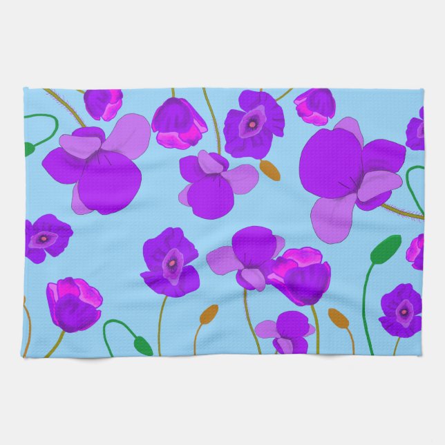 Papaver Poppy Lilac på blek-blå bakgrund Kökshandduk (Horisontell)