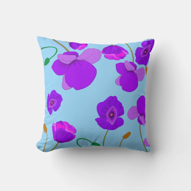 Papaver Poppy Lilac på blek-blå bakgrund Kudde (Framsida)