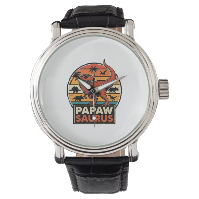 Papawsaurus Retro Dinosaur Solnedgång Vektor Desig Armbandsur (Framsida)