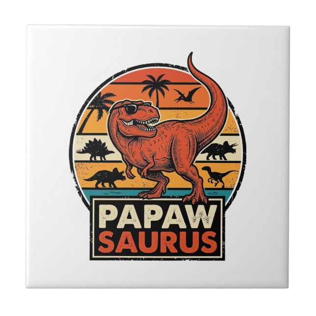Papawsaurus Retro Dinosaur Solnedgång Vektor Desig Kakelplatta (Framsidan)