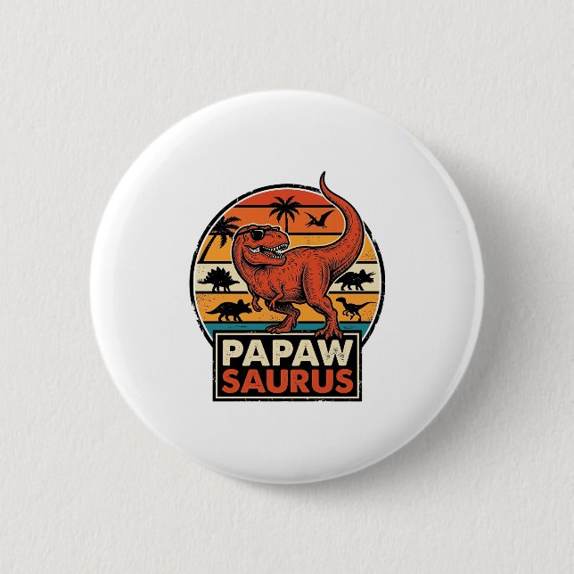 Papawsaurus Retro Dinosaur Solnedgång Vektor Desig Knapp (Framsida)