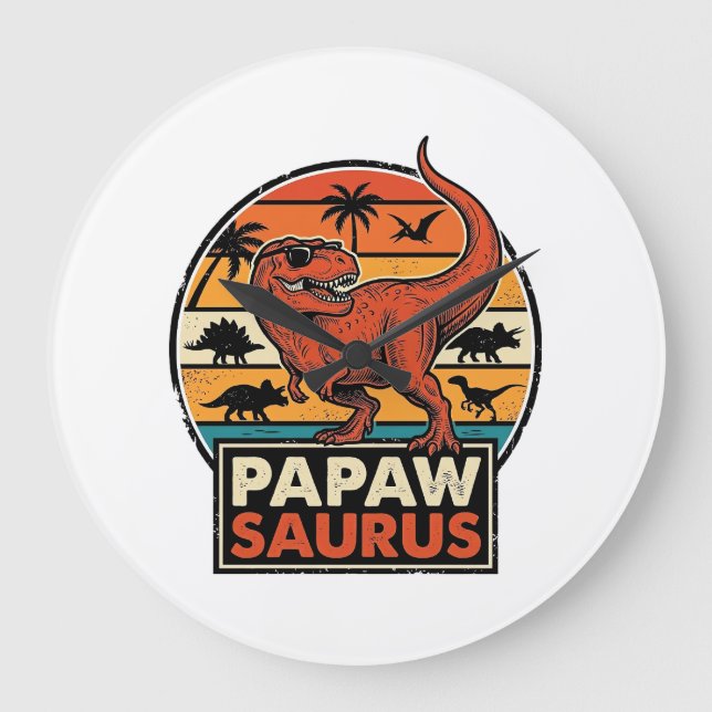 Papawsaurus Retro Dinosaur Solnedgång Vektor Desig Stor Klocka (Framsida)