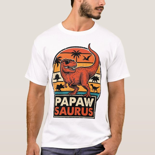 Papawsaurus Retro Dinosaur Solnedgång Vektor Desig T Shirt (Framsida)