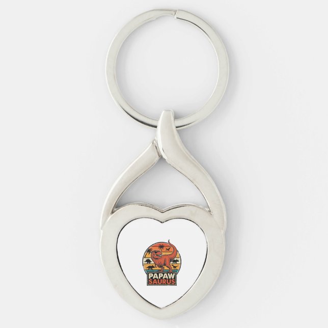 Papawsaurus Retro Dinosaur Solnedgång Vektor Desig Twisted Heart Silverfärgad Nyckelring (Framsidan)