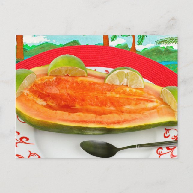 Papaya med Lime med Tropical View Painting Vykort (Framsida)