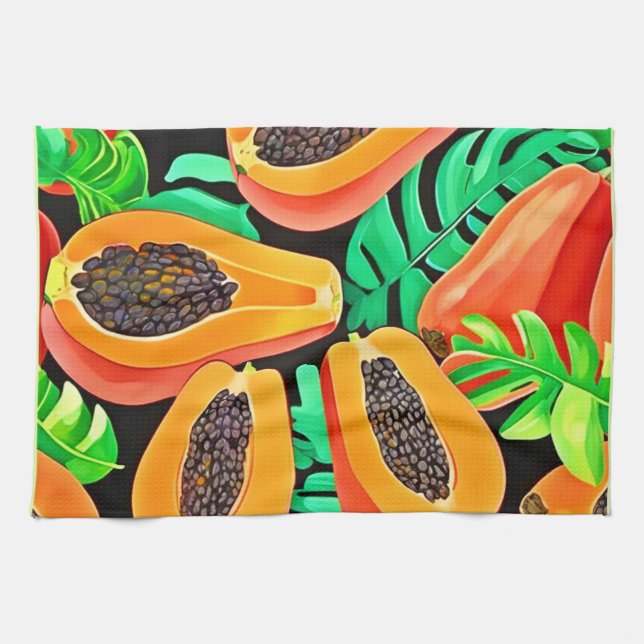 Papaya och Löv Fresh Mönster Kökshandduk (Horisontell)