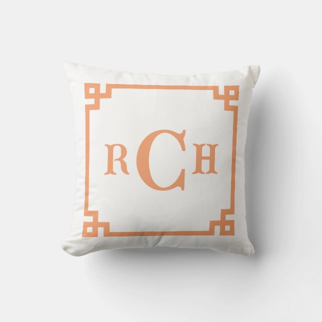 Papaya Orange Chinoiserie Grekiska Nyckel Monogram Kudde (Framsida)