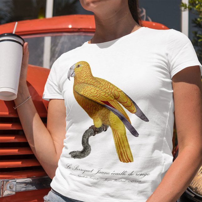Papegoja av Paradiset av Kuba, Psittacus Paradisi T Shirt (Le Perroquet Jaune ecaille de rouge. Women Basic White T-Shirt )