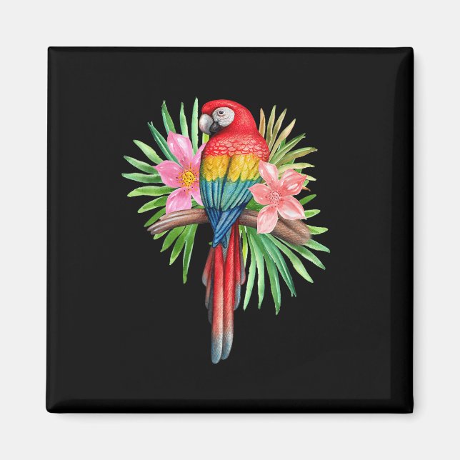 Papegoja i tropiska blommor sommar strand tiki-fes magnet (Framsidan)