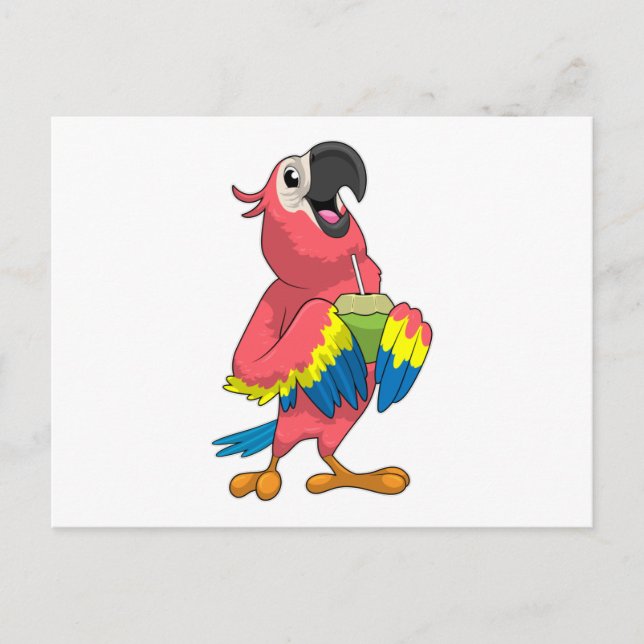 Papegoja & Kokosnöt med Dricksstrå Vykort (Framsida)