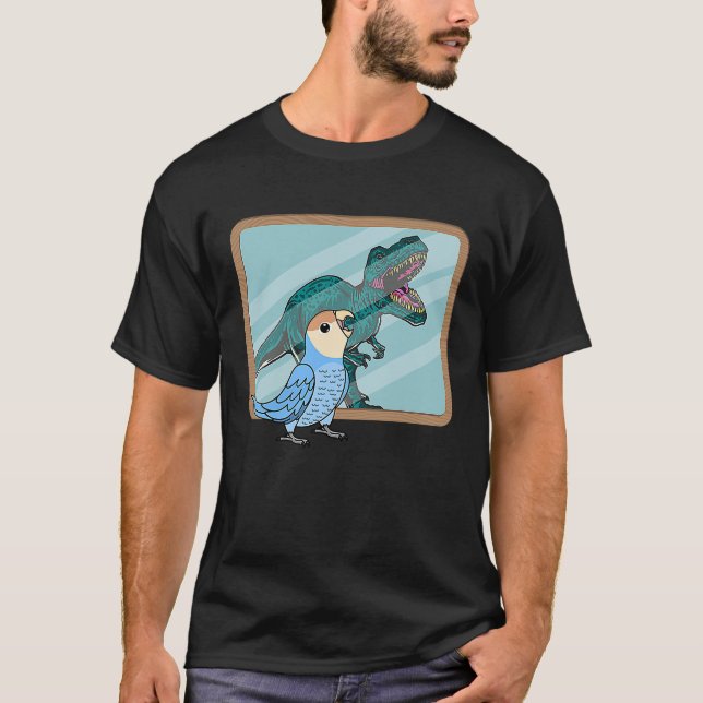 Papegoja & Rex Reflektion I Persikoröd Blå Dvärgpa T Shirt (Framsida)