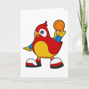 Papegoja som basketbollspelare med basketboll kort