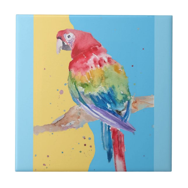 Papegoja Vattenfärg Rosa Gul Bebisblå Macaw Kakelplatta (Framsidan)