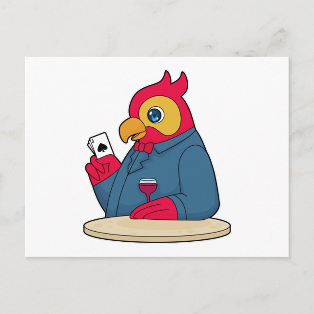 Papegoja vid poker med pokerkort vykort (Framsida)