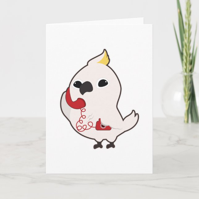 Papegoja vid telefon med telefonluren kort (Framsida)