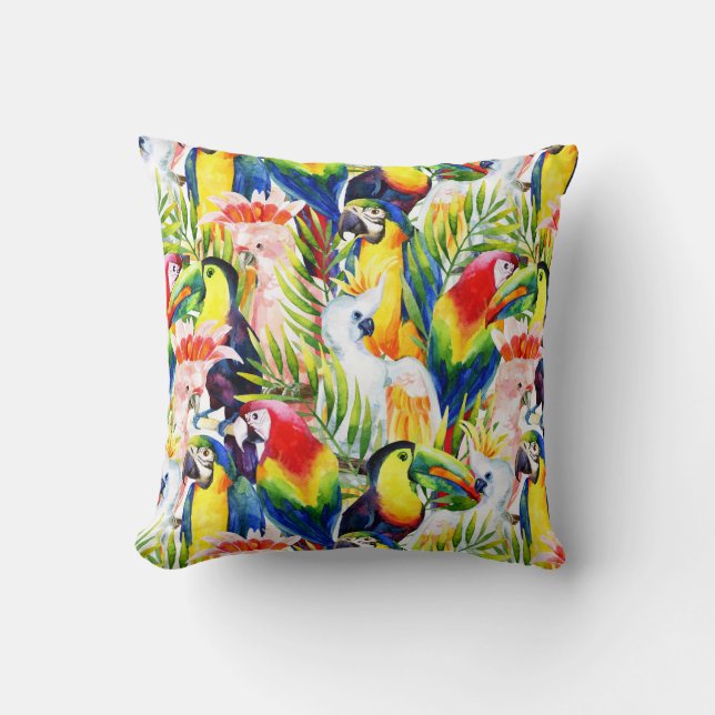 Papegojor och handflatanlöv kudde (Framsida)
