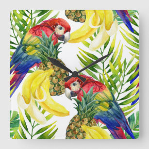 Papegojor och tropisk frukt fyrkantig klocka