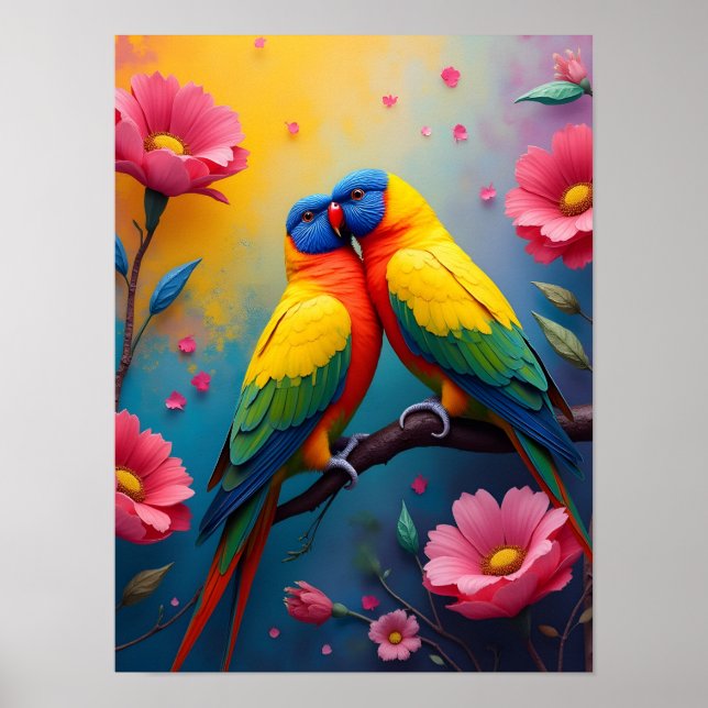 Papegojor vackra färger och blommor poster (Framsidan)