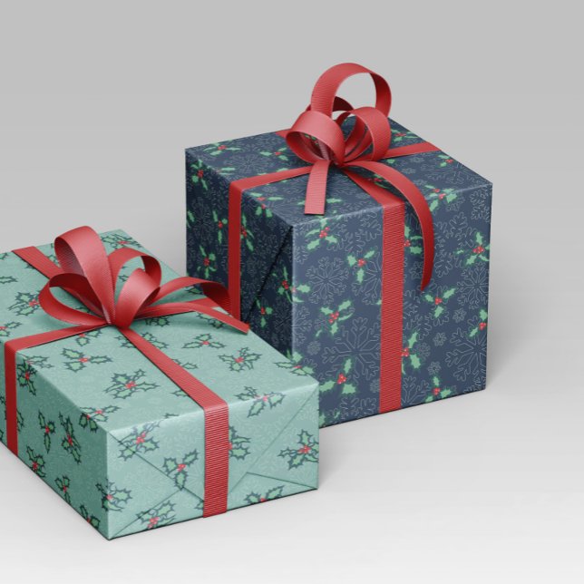 Papel navideño con copos de nieve y acebo presentpapper (Skapare uppladdad)