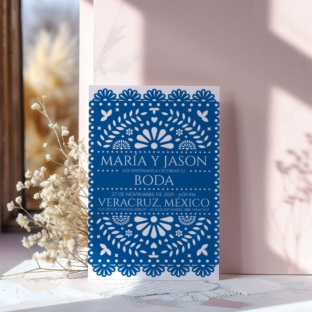 Papel Picado Blå Folk Art Boda Spansk Bröllop Inbjudningar (Papel Picado Blue Folk Art Boda Spanish Wedding Invitation)