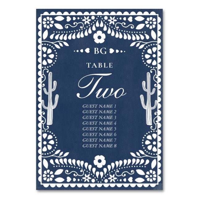 Papel Picado Boda Mexican Rustic Blue Wedding Bordsnummer (Framsidan)
