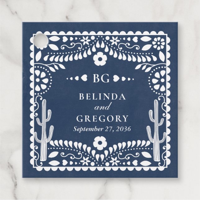 Papel Picado Boda Mexican Rustic Blue Wedding Gåvor Etiketter (Framsida)