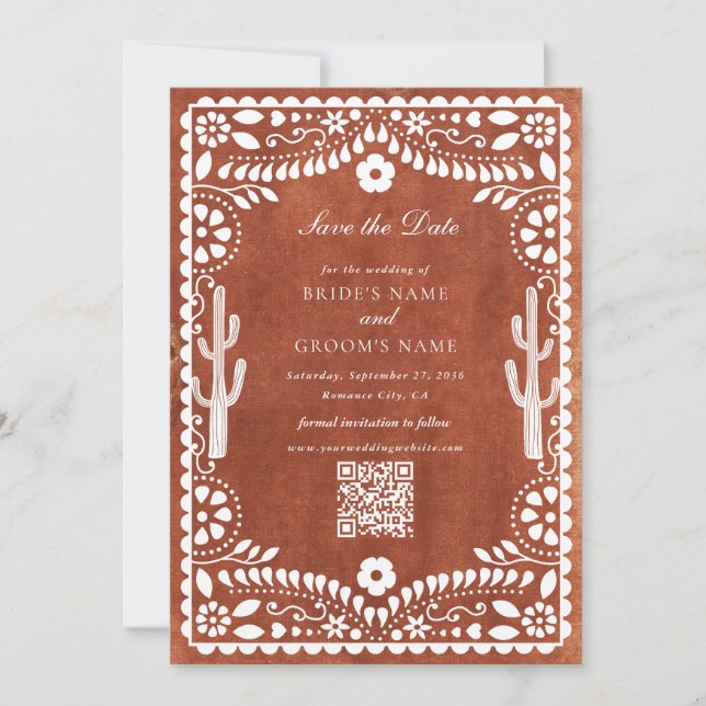 Papel Picado Boda Mexican Terracotta Brown Wedding Spara Datumet (Framsida)