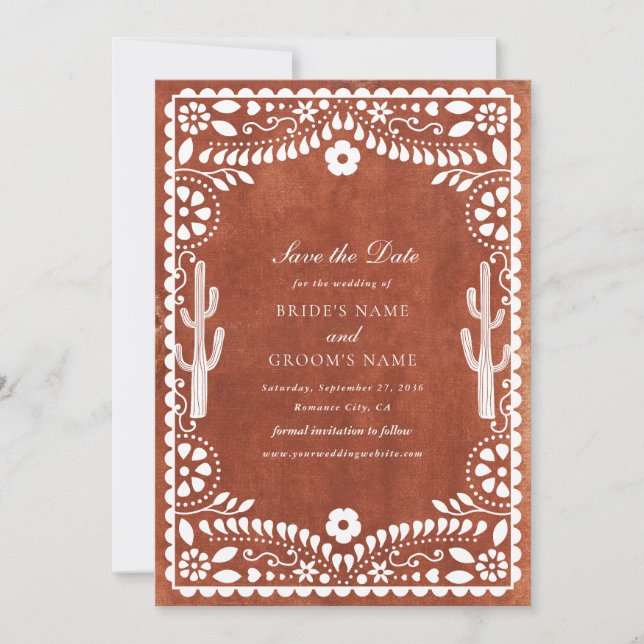 Papel Picado Boda Mexikansk Terrakotta Brun Bröllo Spara Datumet (Framsida)