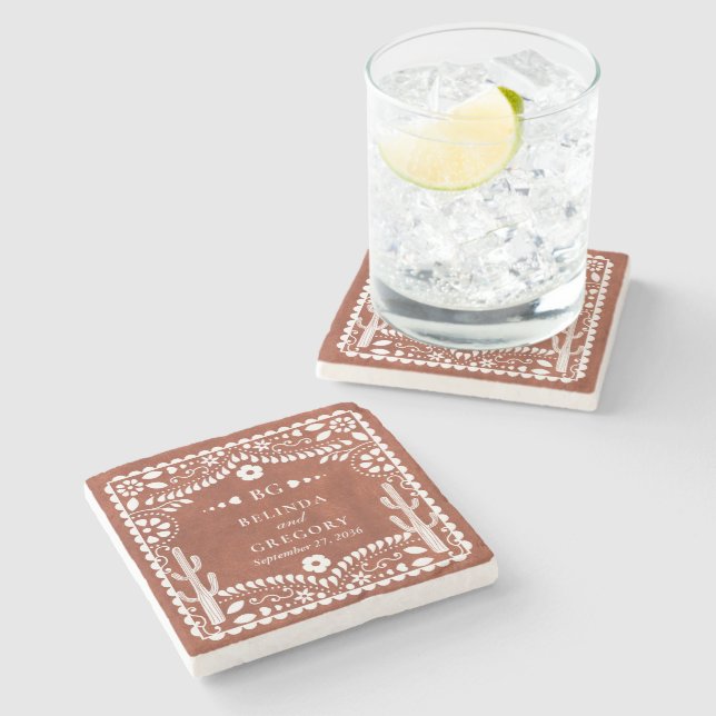 Papel Picado Boda Mexikansk Terrakotta Brun Bröllo Stenunderlägg (Sidan)