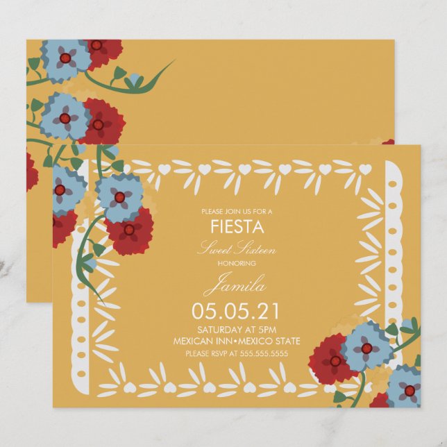 Papel Picado Botanisk Fiesta Söt 16 Mexikansk Inbjudningar (Fram/baksida)