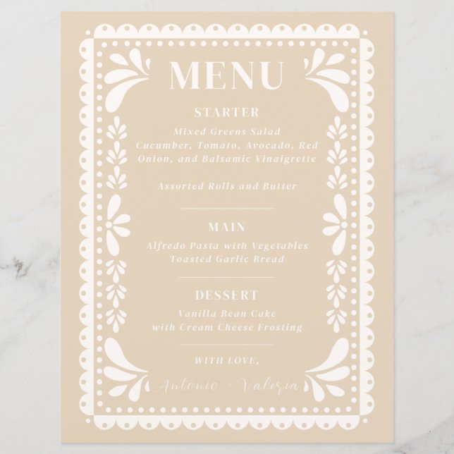 Papel Picado Bröllop Menu Modern mexikanskt tema (Framsida)