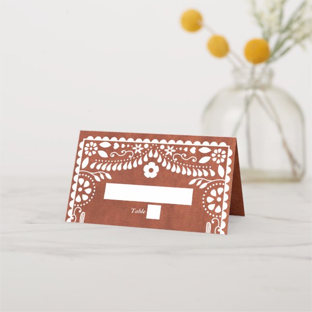 Papel Picado Bröllop Mexikansk Terrakotta Brun Brö Placeringskort (Framsida)