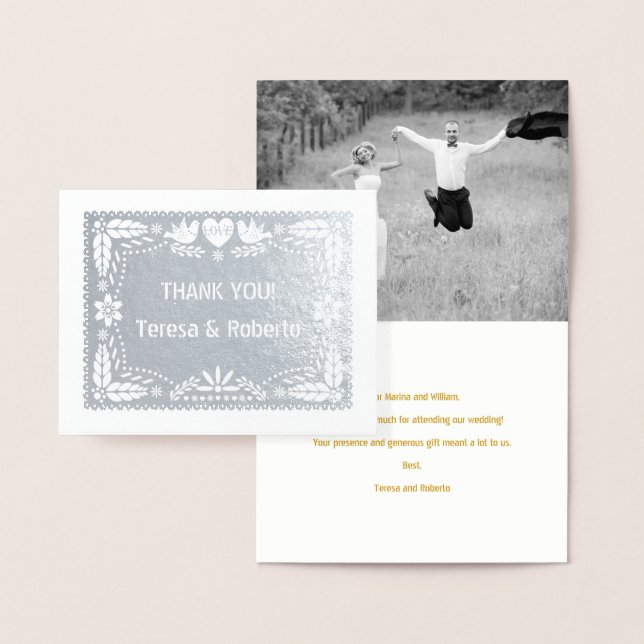 Papel picado bröllop Tack för fotot silver Folierat Kort (Display)