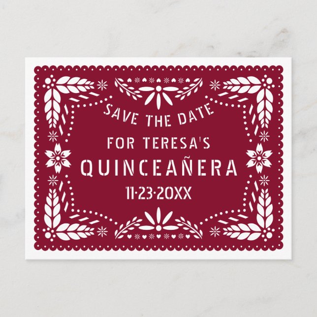 Papel picado burgundy QUINCEAÑERA Spara datumet Meddelande Vykort (Framsida)