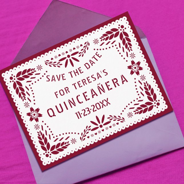 Papel picado burgundy QUINCEAÑERA Spara datumet Meddelande Vykort (Skapare uppladdad)