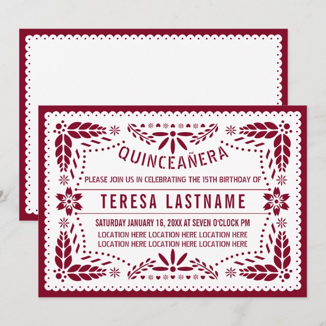 Papel picado burgundy, vit mexikansk quinceañera inbjudningar (Fram/baksida)