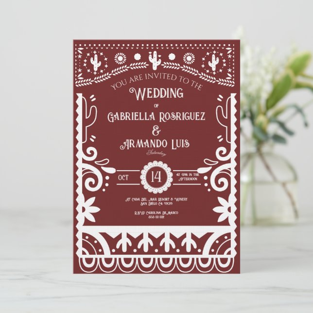 Papel Picado Burgundy & White Wedding Invitation Inbjudningar (Stående Fram)