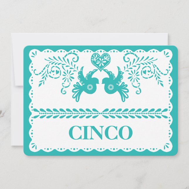 Papel Picado Cinco Fem Bordskylt Aqua Fiesta Inbjudningar (Framsida)
