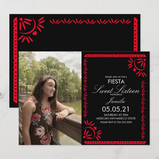 Papel Picado Fiesta Söt 16 Mexikansk Foto  Inbjudningar (Fram/baksida)