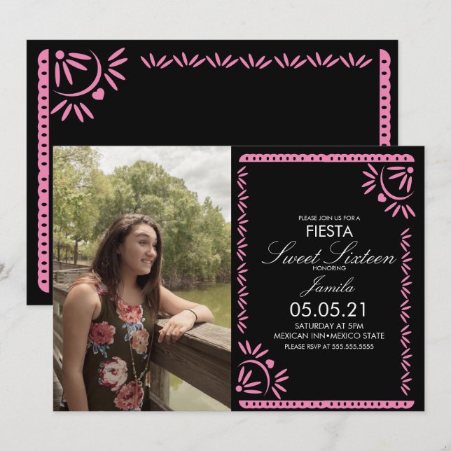 Papel Picado Fiesta Söt 16 Mexikansk Rosa Foto Inbjudningar (Fram/baksida)